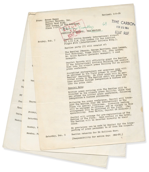 The Beatles Advance Itinerary for Their First Visit to the U.S. -- Original February 1964 Document Includes Their Ed Sullivan Show and a Cancelled Recording of Their Carnegie Hall Concert